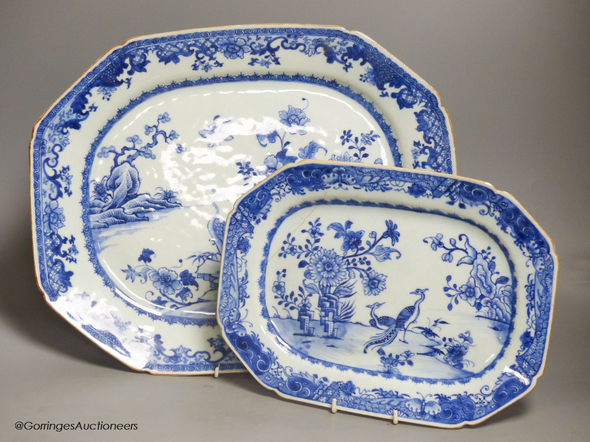 Two 18th century Chinese export blue and white meat dishes, largest 43cm